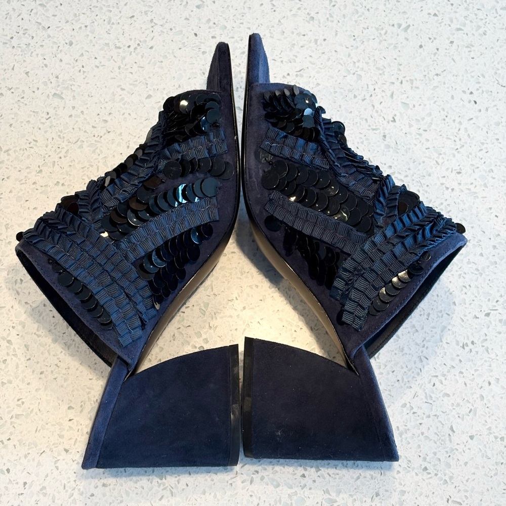 Navy Blue Block Heel Open Toe Slide Sandals Leather & Suede With Sequin Design - Picture 5 of 15